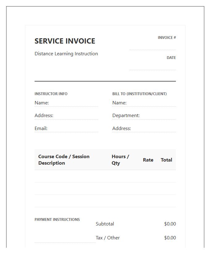 Distance Learning Instructor Service Invoice Template