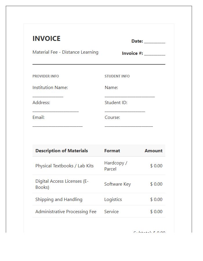 Distance Learning Material Fee Invoice Template