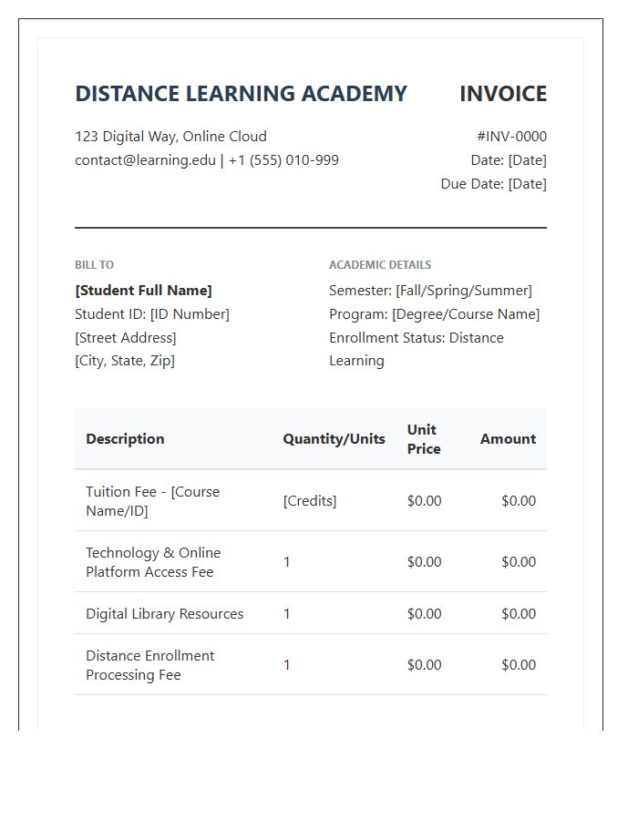 Distance Learning Tuition Fee Invoice Template