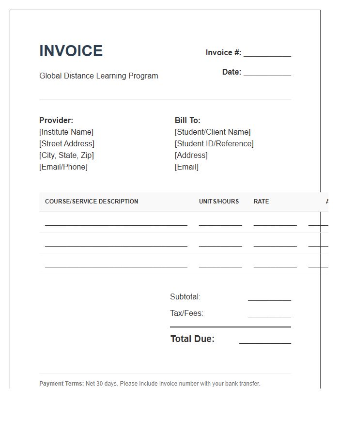 Global Distance Learning Program Invoice Template