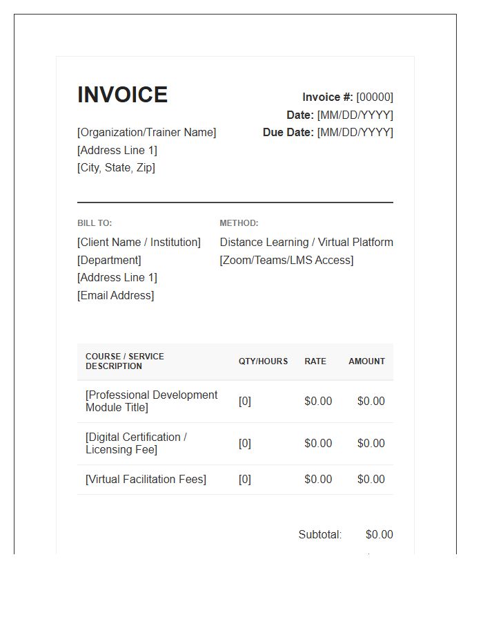 Professional Development Distance Learning Invoice Template