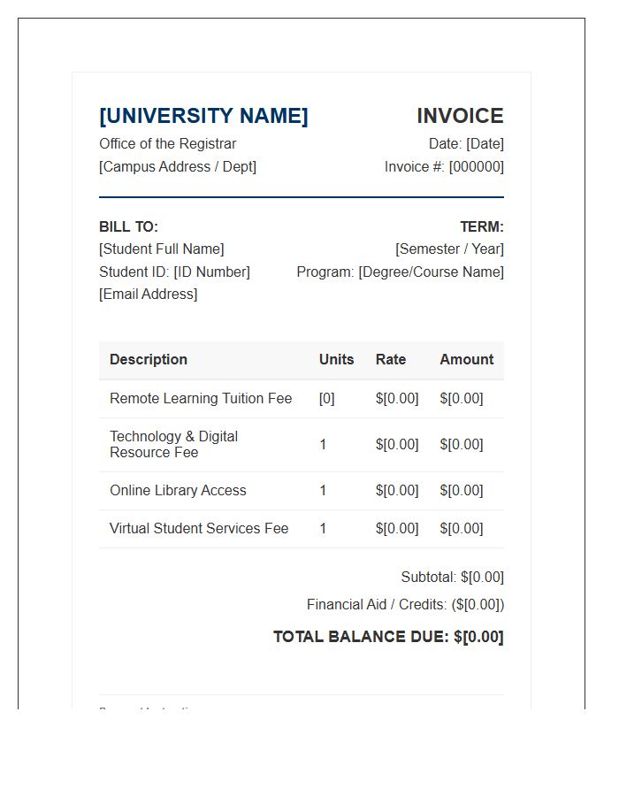 University Remote Learning Invoice Template