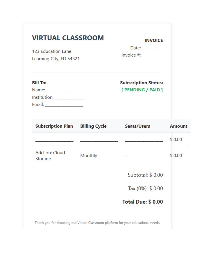 Virtual Classroom Subscription Invoice Template