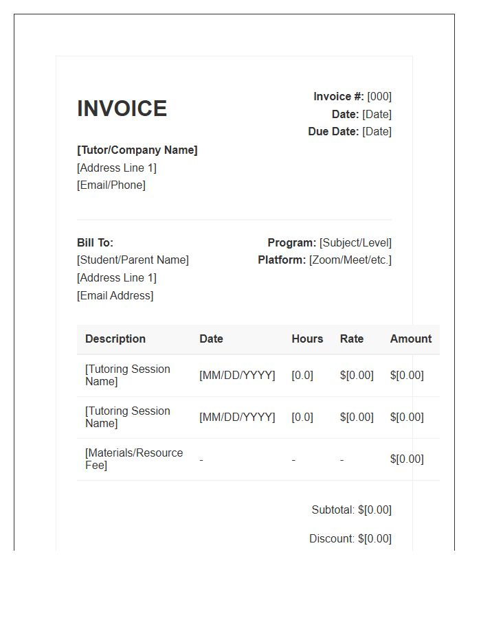 Virtual Tutoring Program Invoice Template
