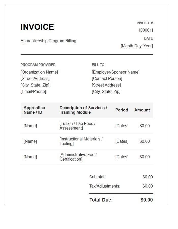 Apprenticeship Program Billing Invoice Template