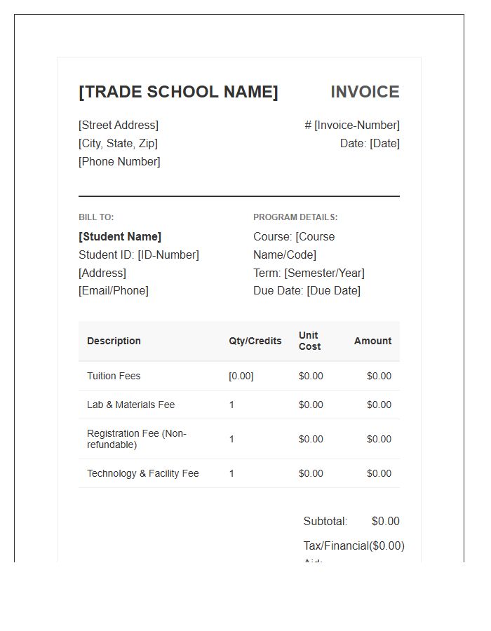 Professional Trade School Invoice Template