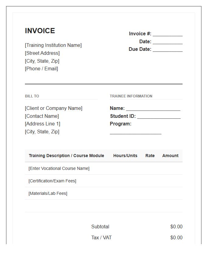Professional Vocational Training Invoice Template
