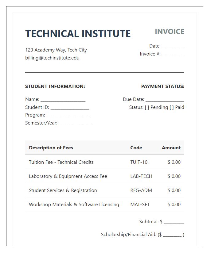 Technical Institute Student Invoice Template