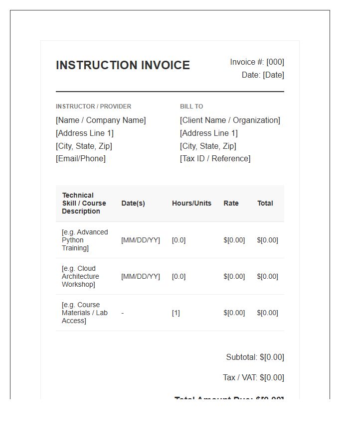 Technical Skills Instruction Invoice Template