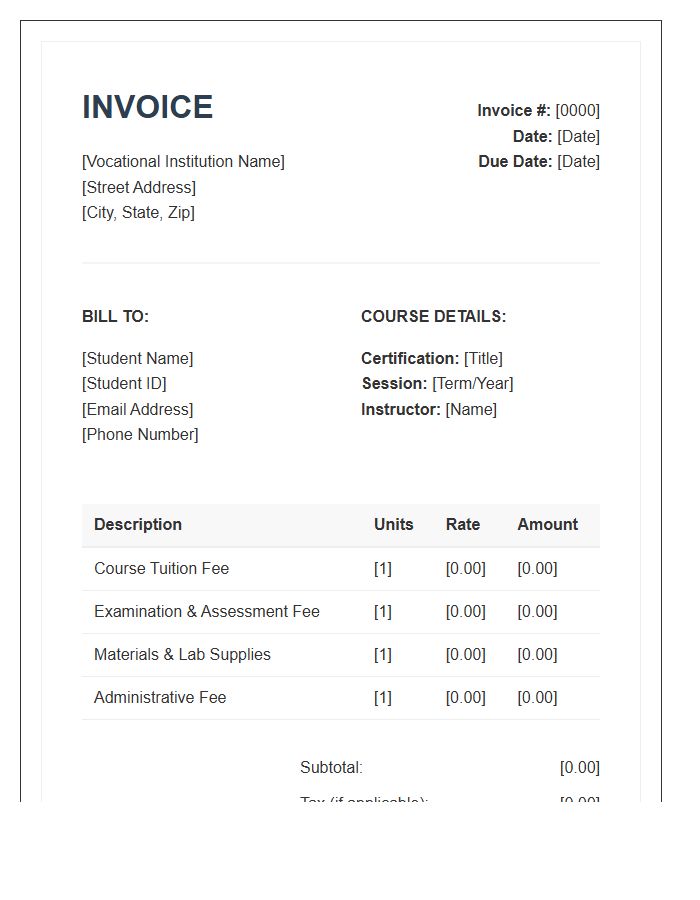 Vocational Certification Course Invoice Template