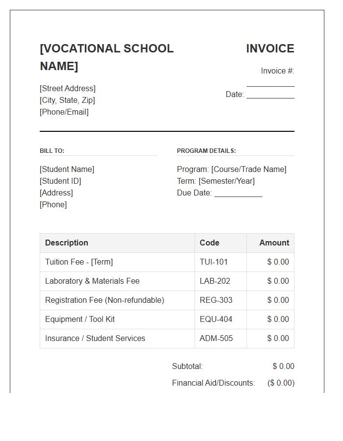 Vocational Education Tuition Invoice Template
