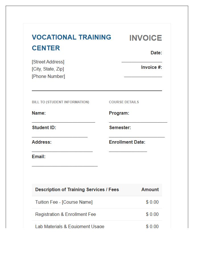 Vocational Training Center Enrollment Invoice Template