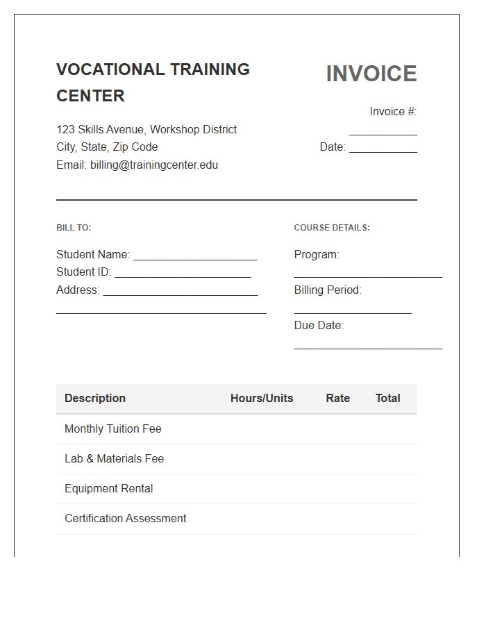 Vocational Training Center Monthly Invoice Template