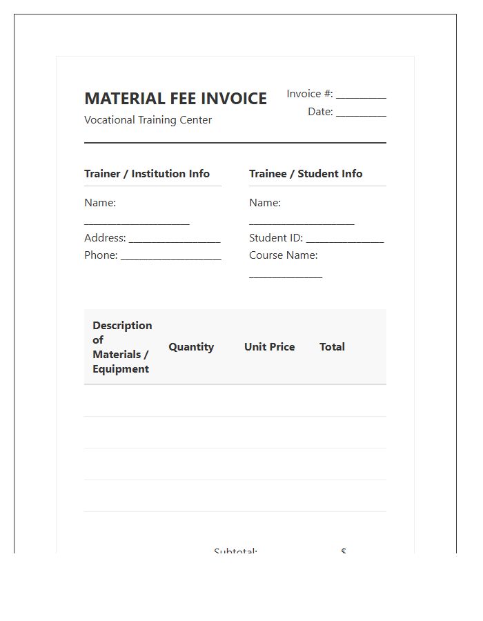 Vocational Training Material Fee Invoice Template