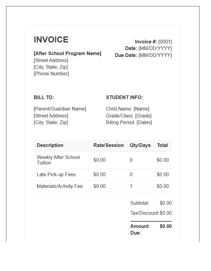 After School Child Care Invoice Template