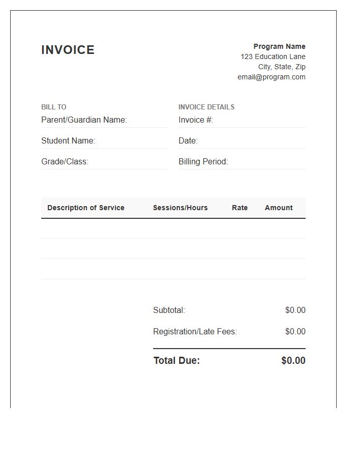 After School Enrichment Program Invoice Template