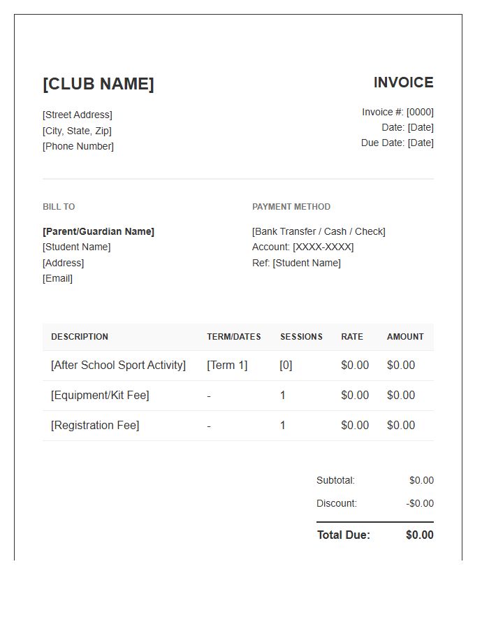 After School Sports Club Invoice Template