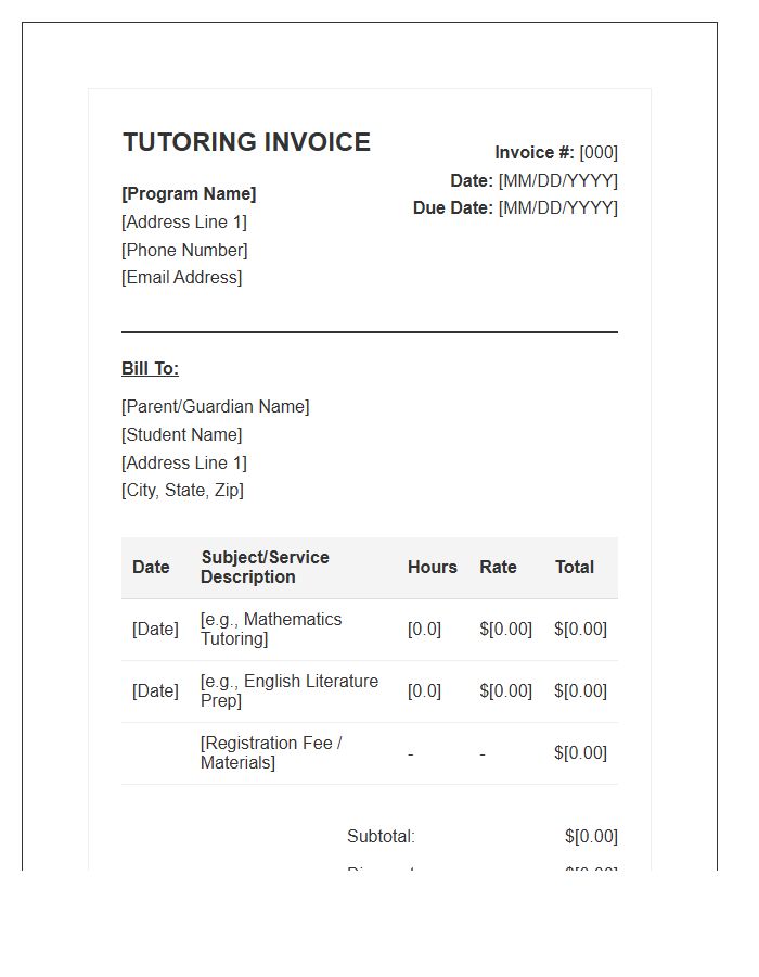 After School Tutoring Program Invoice Template