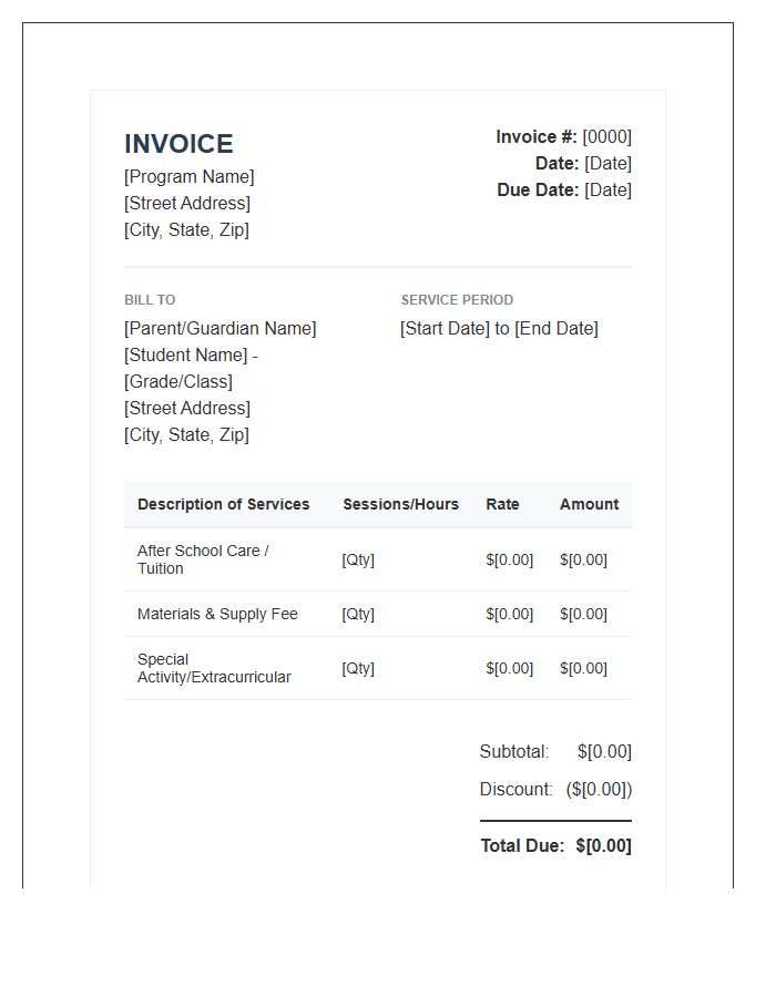 Educational After School Service Invoice Template