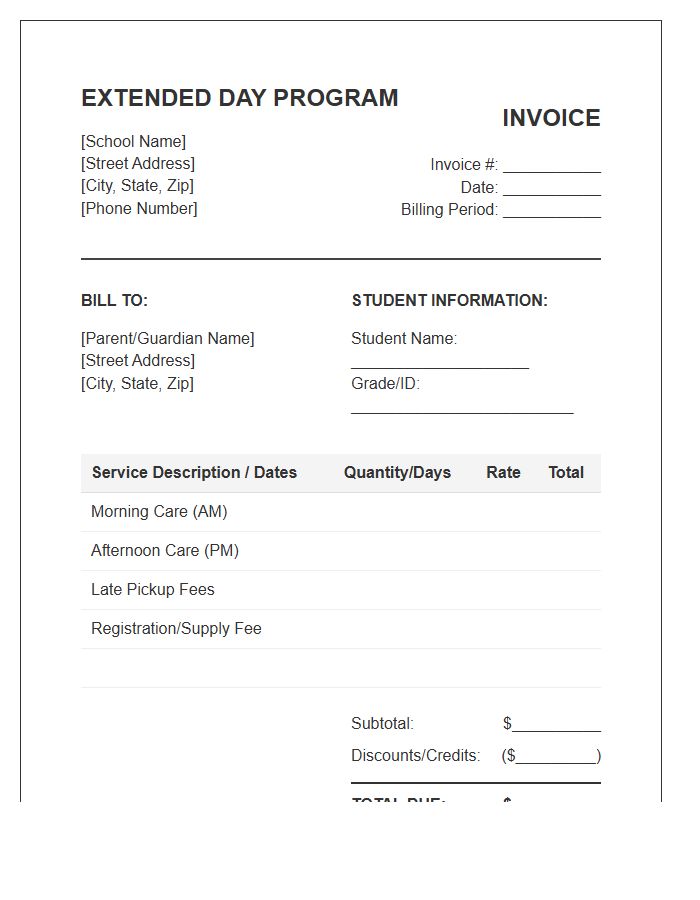 Extended Day Program Billing Invoice Template