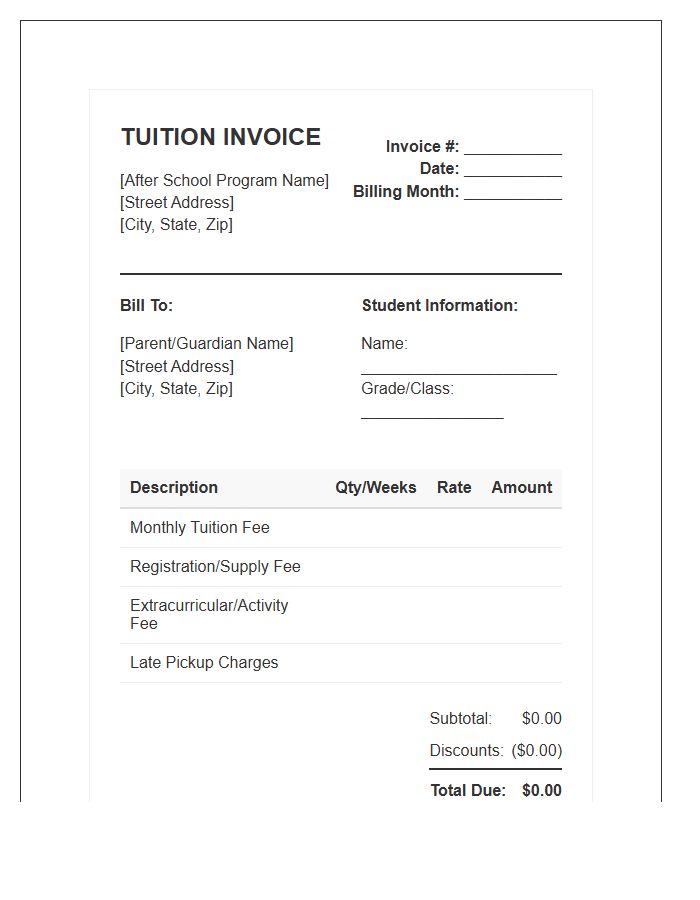Monthly After School Tuition Invoice Template