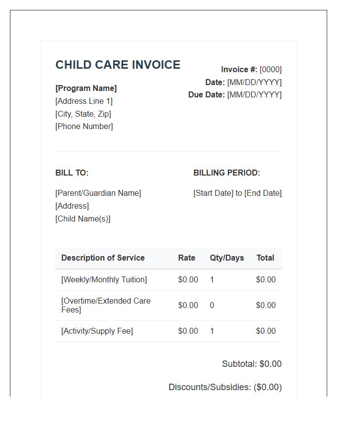 Professional Child Care Program Invoice Template
