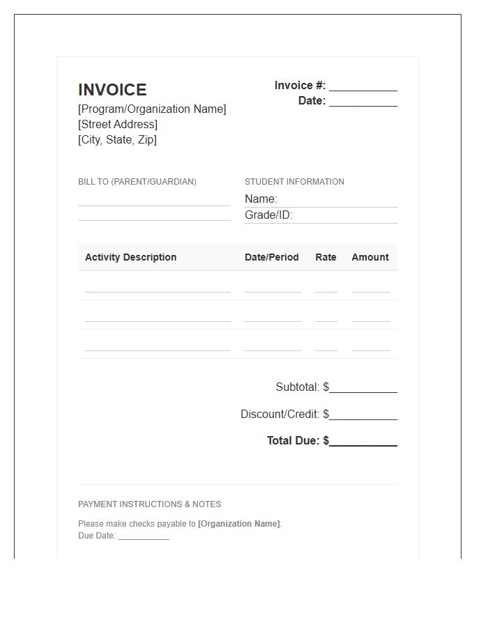 Student Activity After School Invoice Template