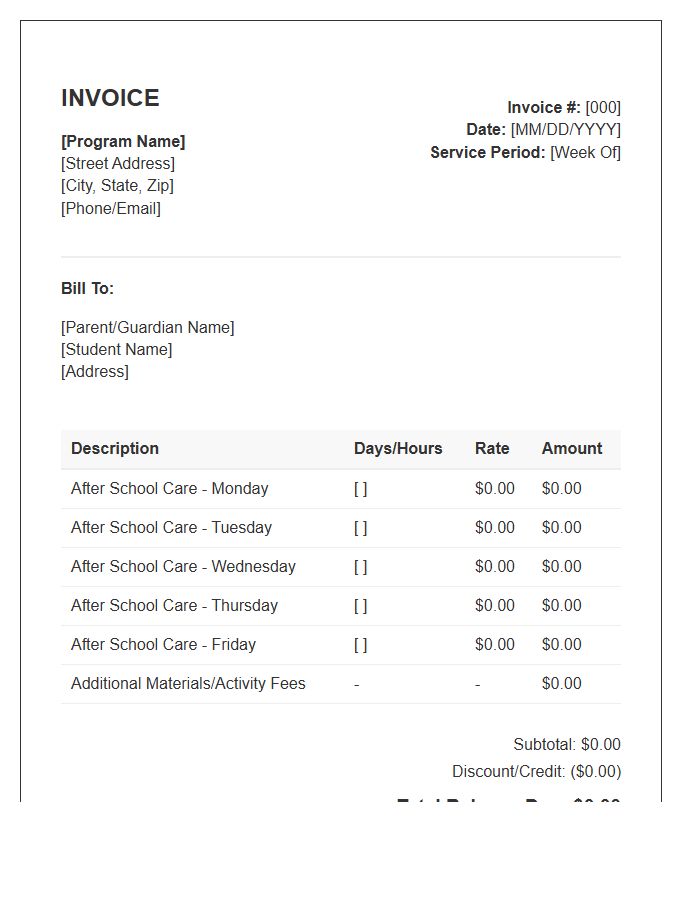Weekly After School Program Invoice Template