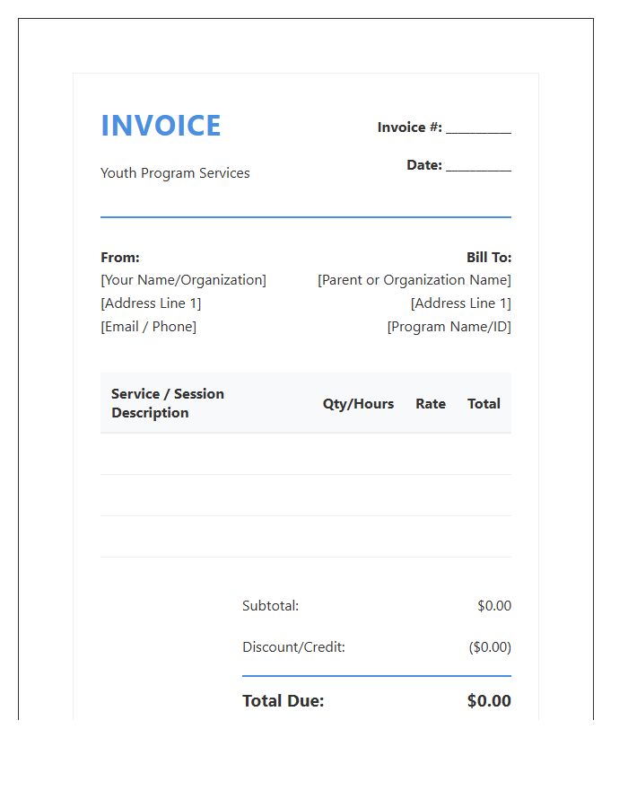 Youth Program Professional Invoice Template