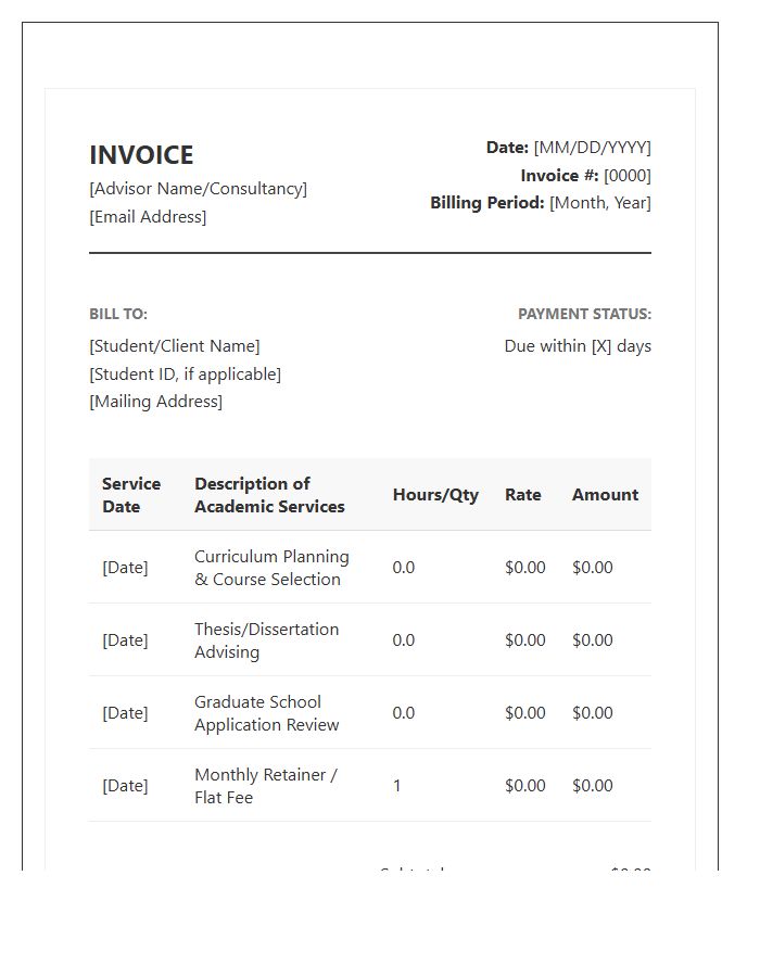 Academic Advisor Monthly Billing Invoice Template