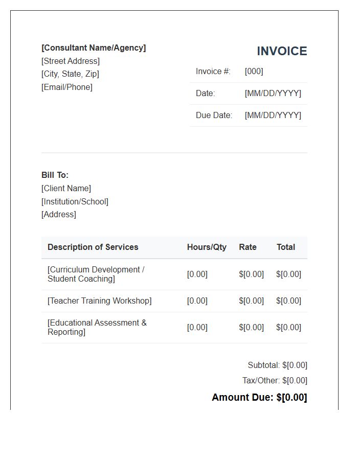 Educational Consultant Professional Service Invoice Template