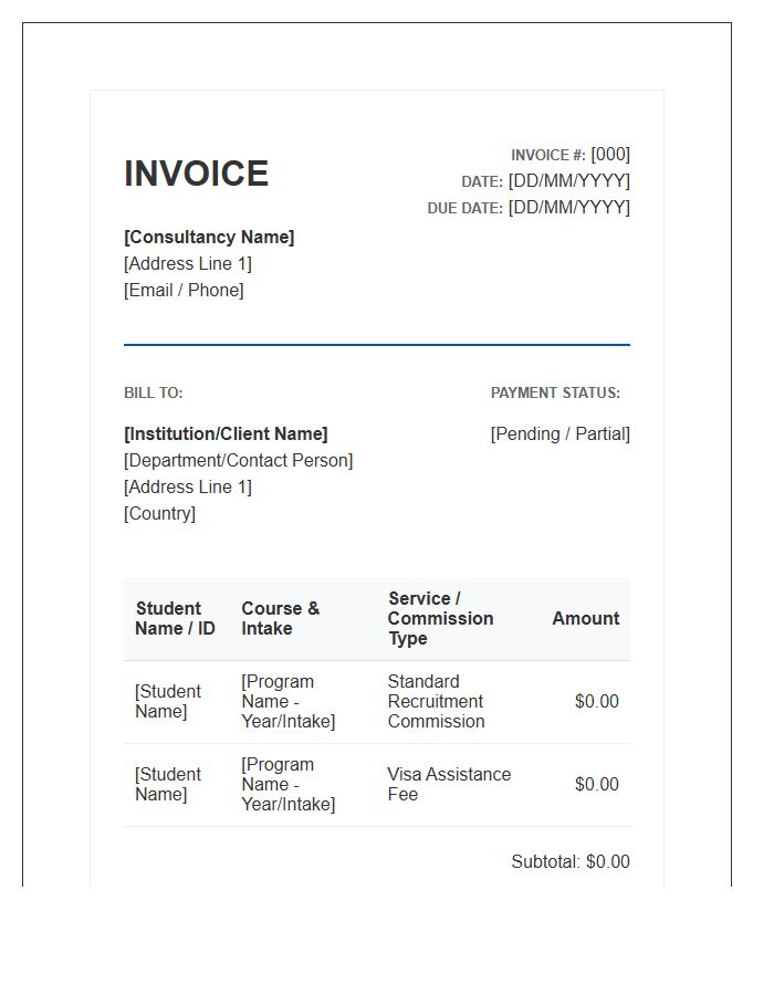 International Student Recruitment Consultant Invoice Template