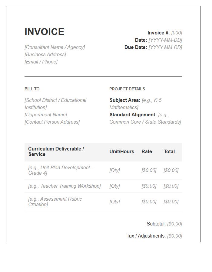 K-12 Curriculum Development Professional Invoice Template