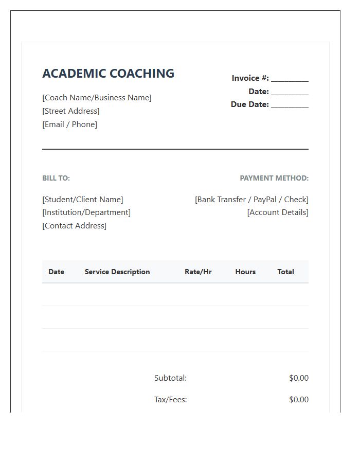 Professional Academic Coaching Invoice Template