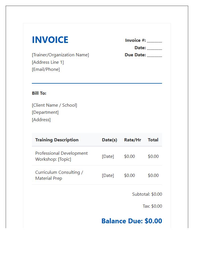 Professional Teacher Training Service Invoice Template