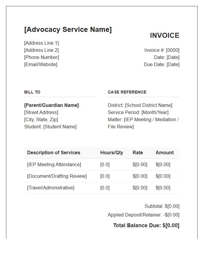 Special Education Advocacy Service Invoice Template