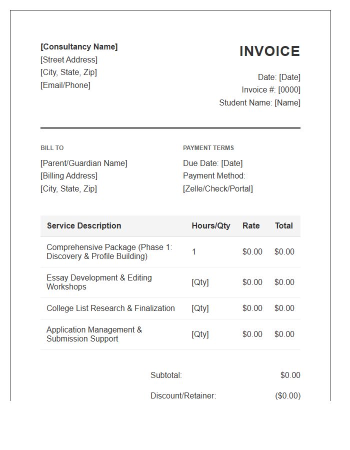 Comprehensive College Planning Invoice Template