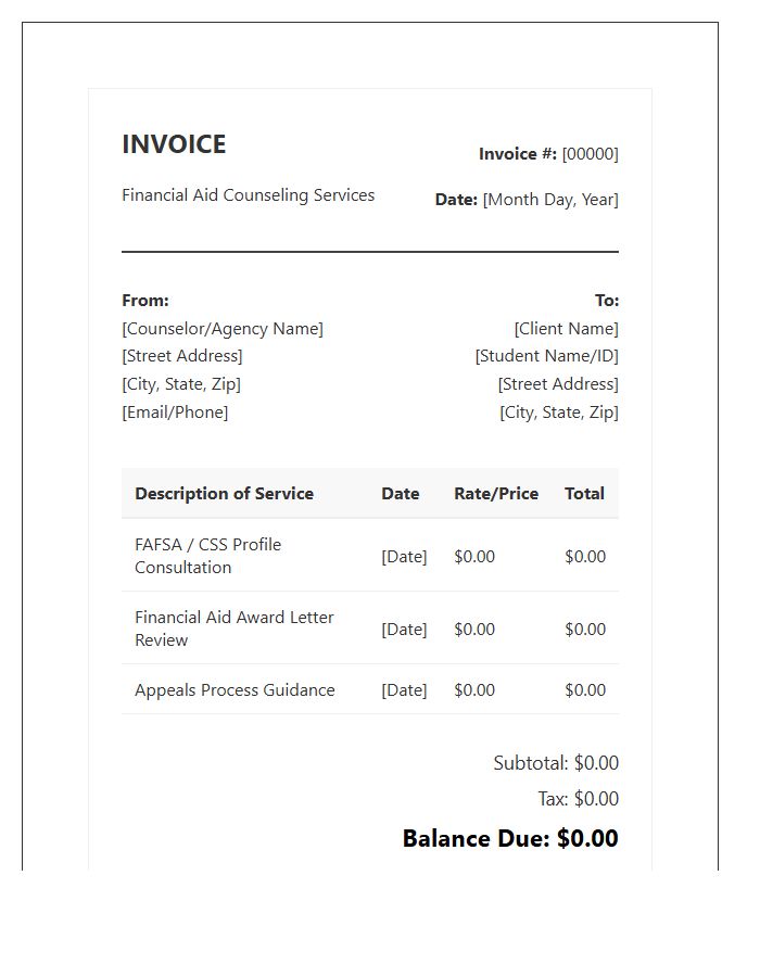 Financial Aid Counseling Invoice Template
