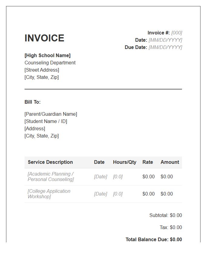 High School Counseling Services Invoice Template