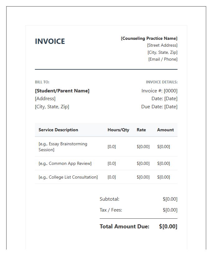 Professional College Counseling Invoice Template