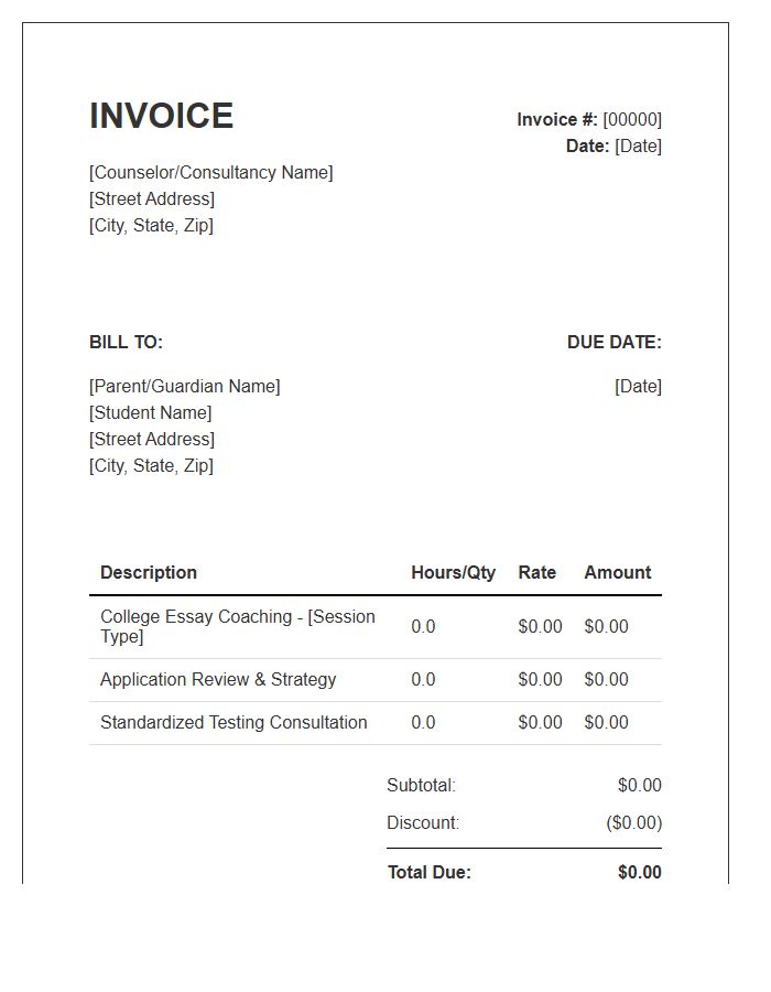 Standard College Counselor Invoice Template