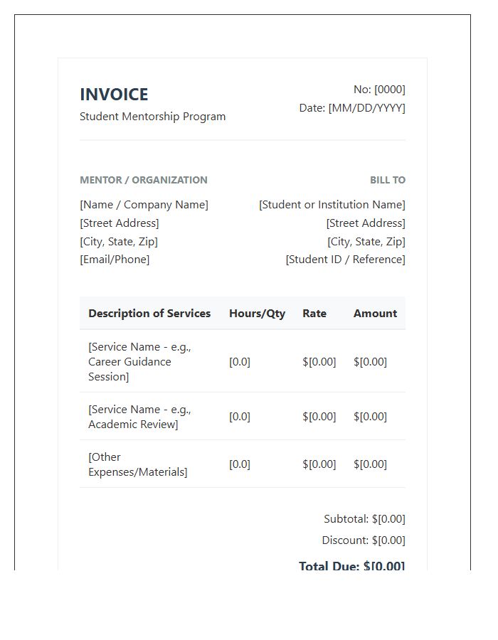 Student Mentorship Program Invoice Template