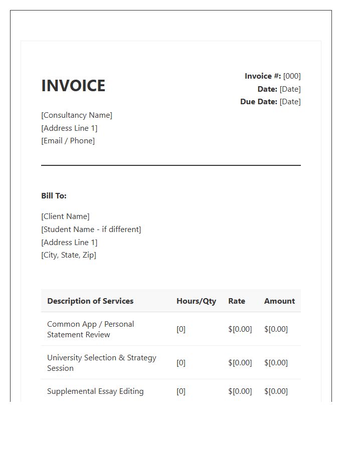 University Application Consulting Invoice Template