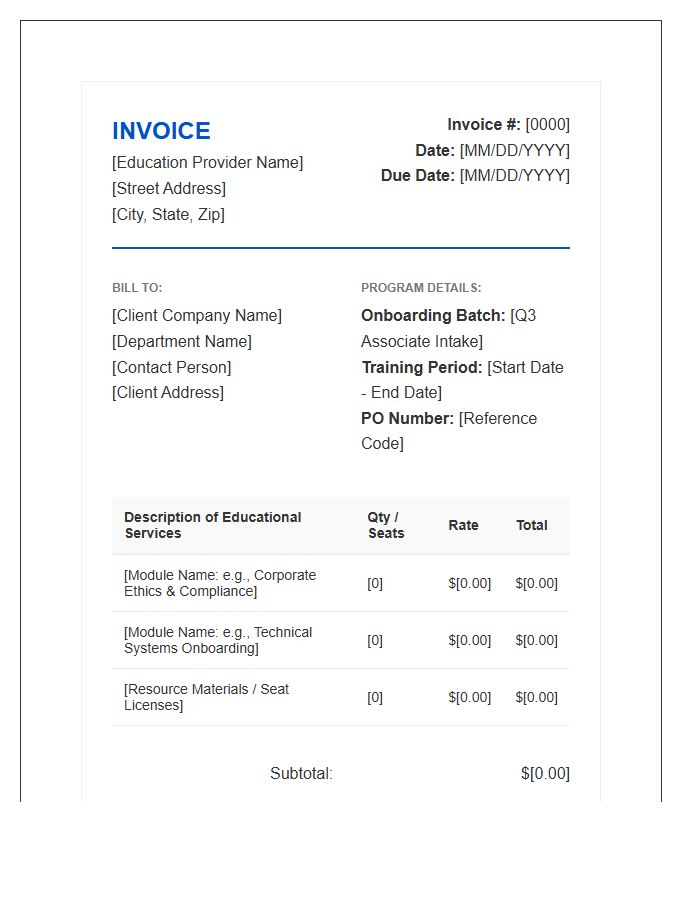 Corporate Onboarding Education Invoice Template