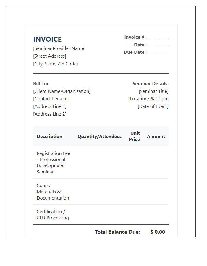 Professional Development Seminar Invoice Template