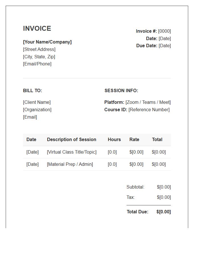 Virtual Classroom Session Invoice Template