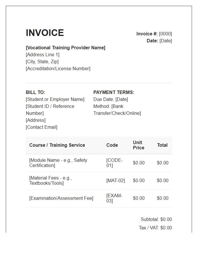 Vocational Training Provider Invoice Template
