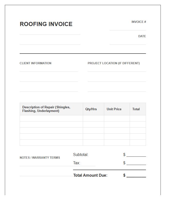 Asphalt Shingle Roof Repair Invoice Template