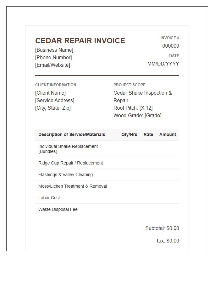 Cedar Shake Roof Repair Invoice Template