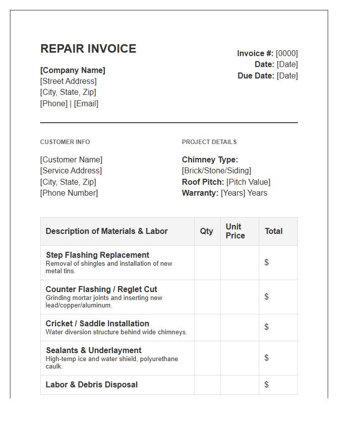 Chimney Flashing Leak Repair Invoice Template